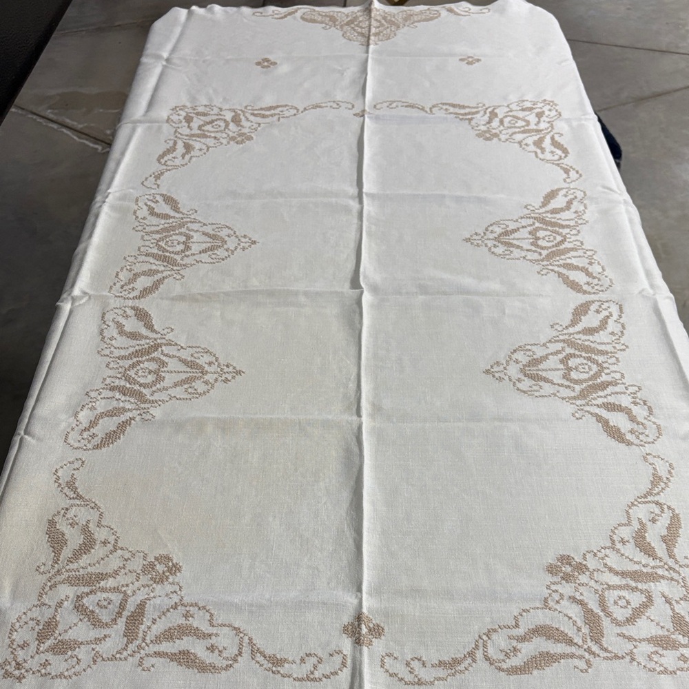 Vintage Embordered Cream and Brown Table Cloth